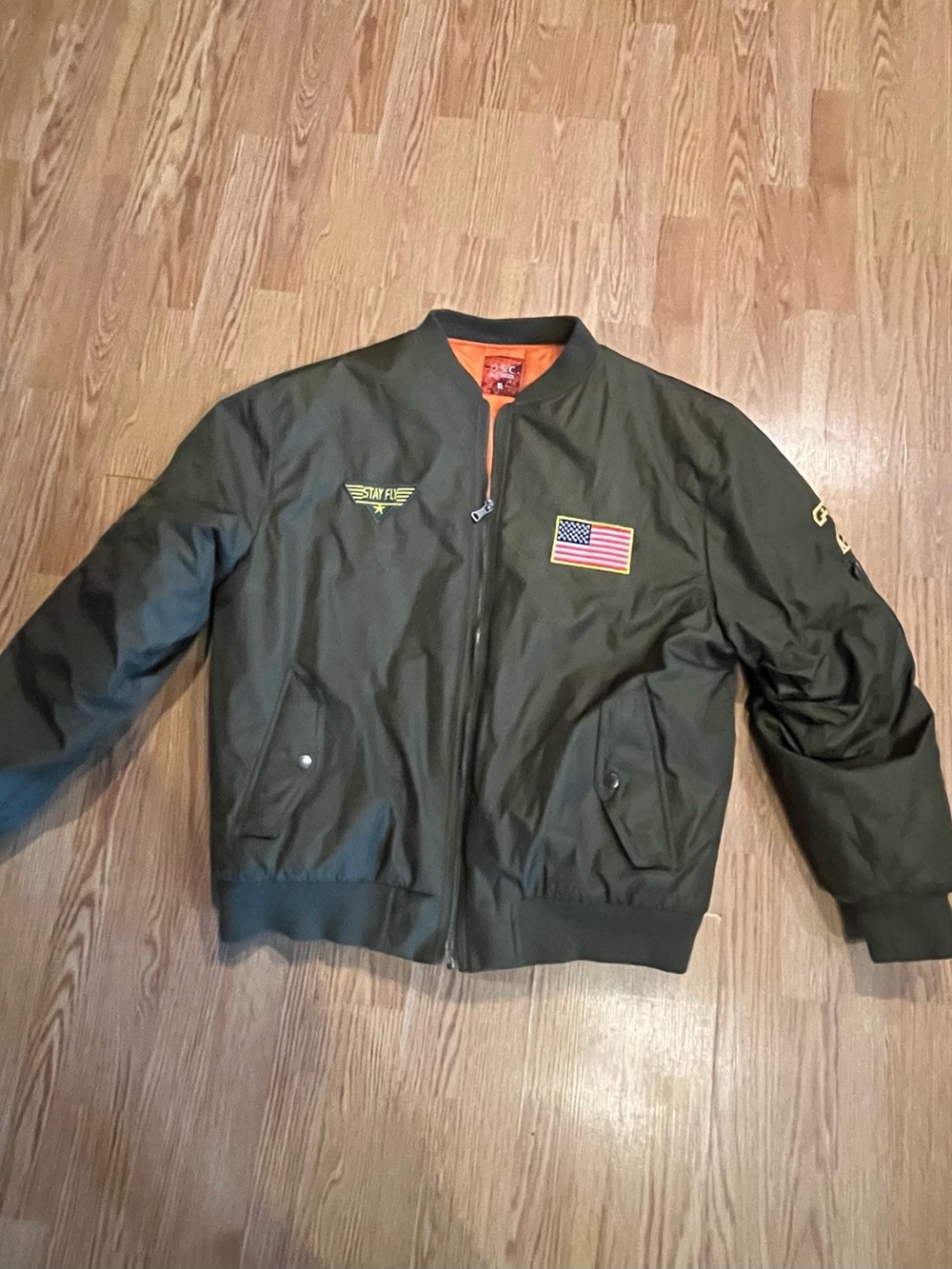 Old skool Men's Olive Green Bomber Jacket with Patch Details size XL